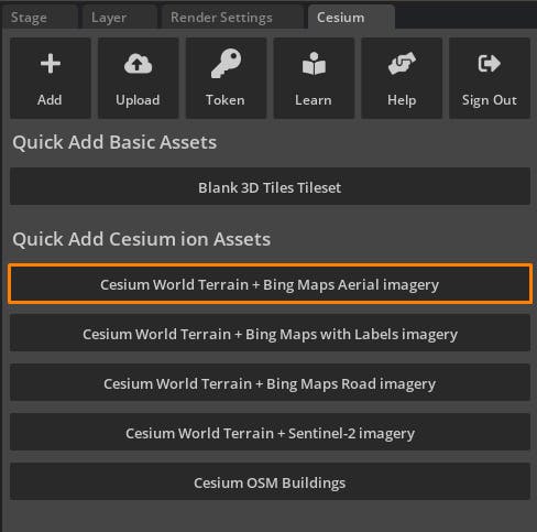 Cesium for Omniverse McNeel Rhino tutorial: From the Cesium window, add Cesium World Terrain + Bing Maps Aerial imagery to the stage.